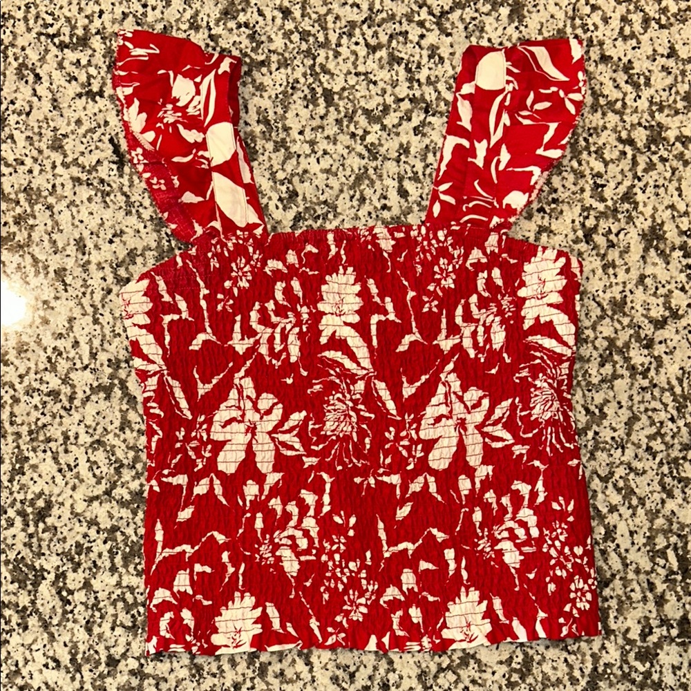 Old Navy Red and Cream Smocked Tank Top